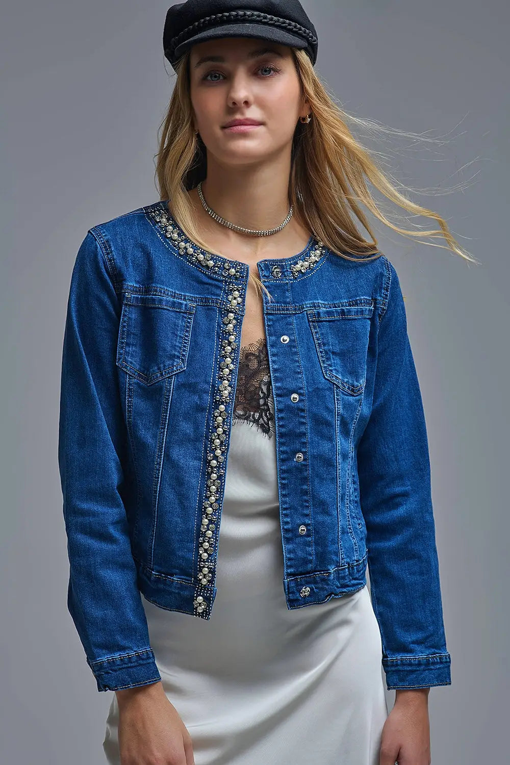 Stretch Denim Embellished Denim Jacket in Blue - Jackets