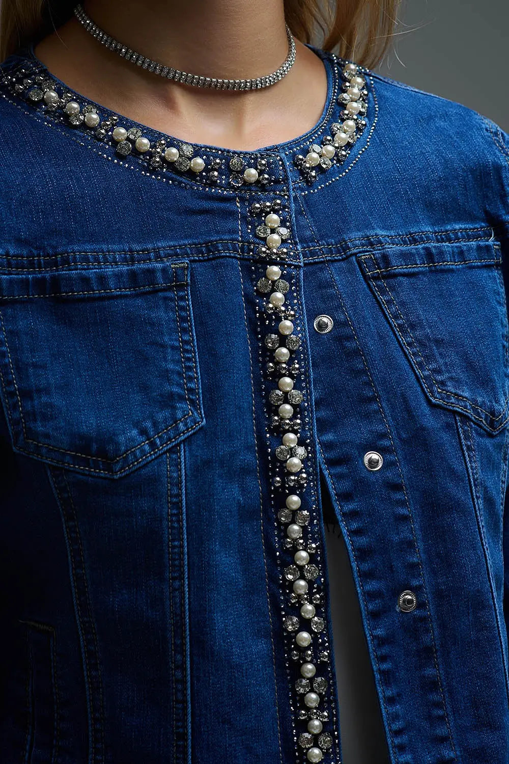 Stretch Denim Embellished Denim Jacket in Blue - Jackets