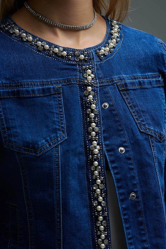 Stretch Denim Embellished Denim Jacket in Blue - Jackets