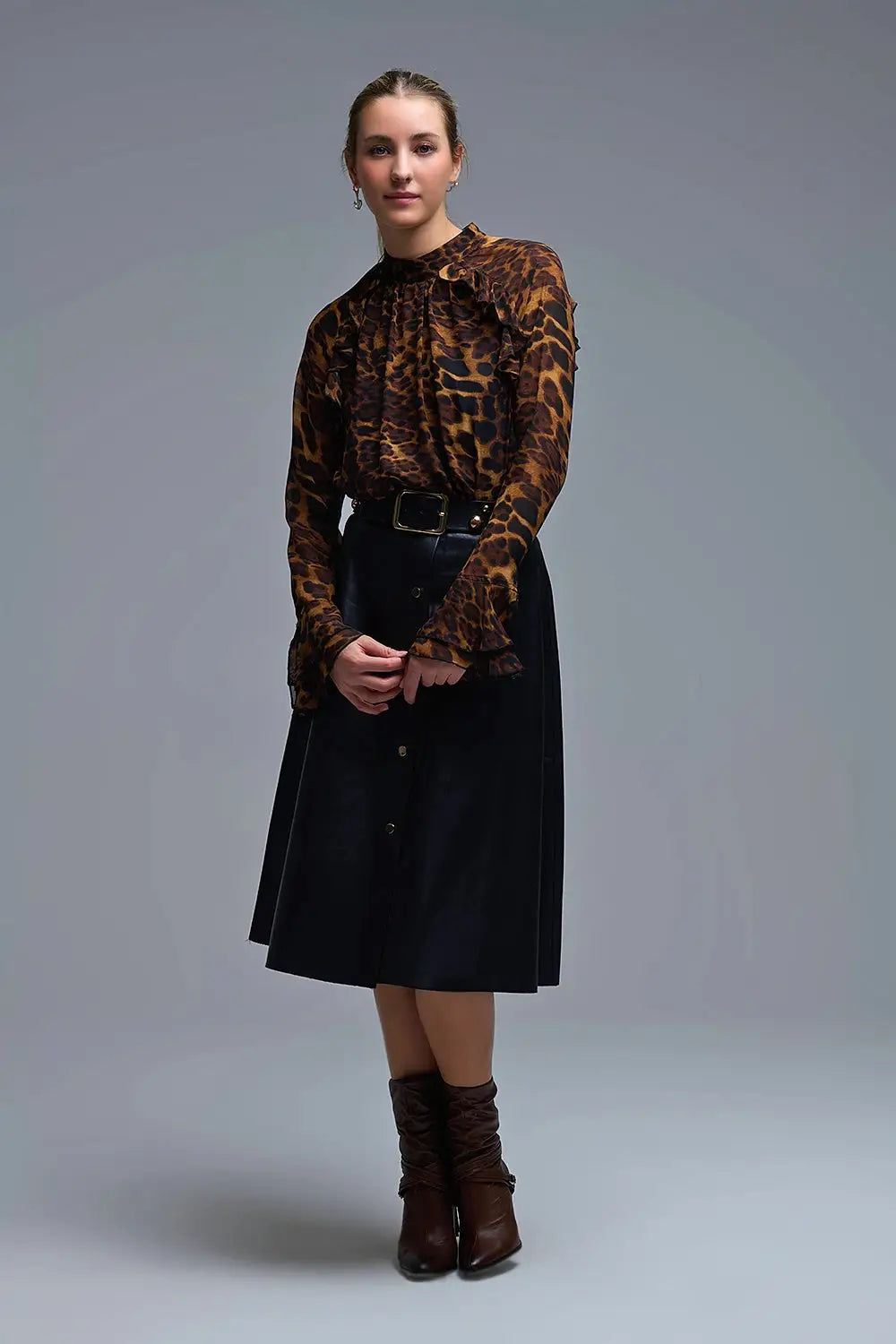 Leopard Print Blouse with Ruffle Details in chiffon - Shirts
