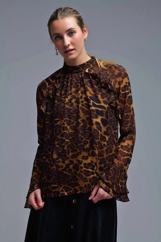 Leopard Print Blouse with Ruffle Details in chiffon - Shirts
