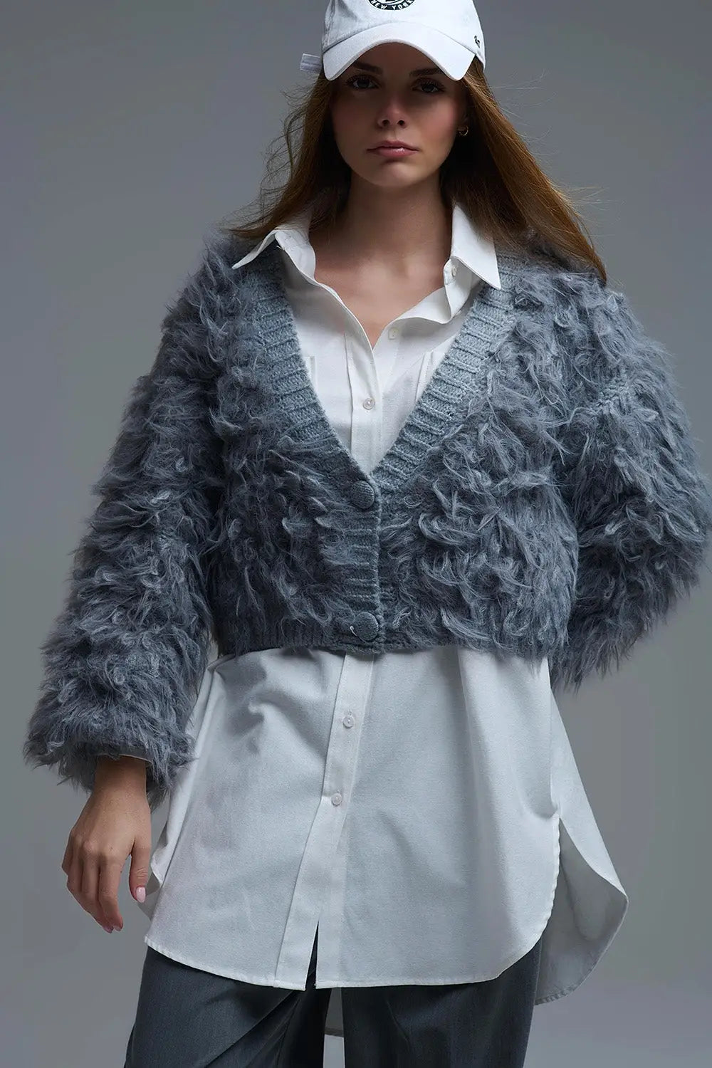 Chunky Shag Style Fluffy Knitted Cardigan in Grey - GRAY / ONE - Jackets