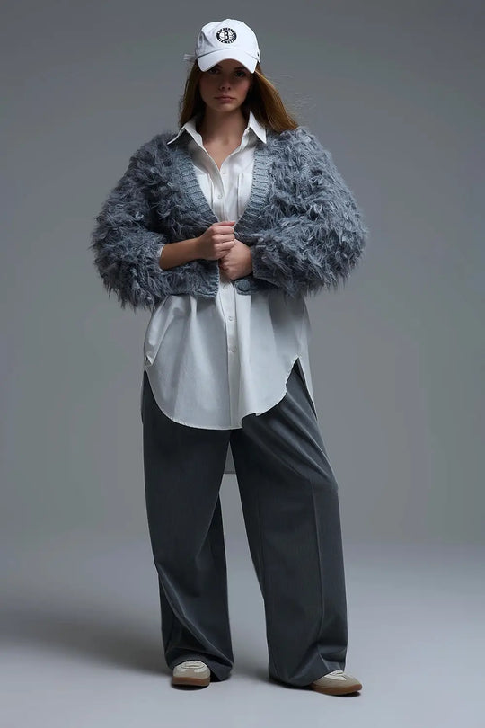 Chunky Shag Style Fluffy Knitted Cardigan in Grey - GRAY / ONE - Jackets