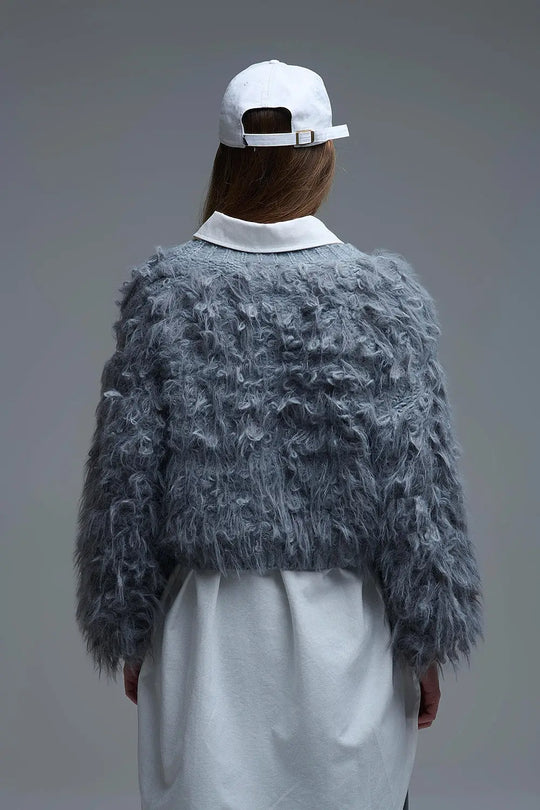 Chunky Shag Style Fluffy Knitted Cardigan in Grey - GRAY / ONE - Jackets