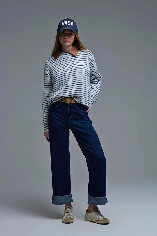 High-Waisted Dark Blue wide leg Jeans with Folded Hems