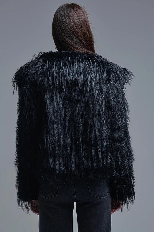 Black Statement Faux Fur Jacket with Big Collar - BLACK / ONE - Jackets