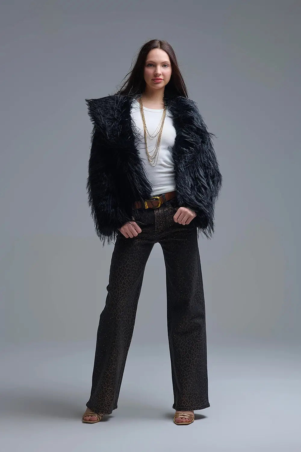 Black Statement Faux Fur Jacket with Big Collar - BLACK / ONE - Jackets