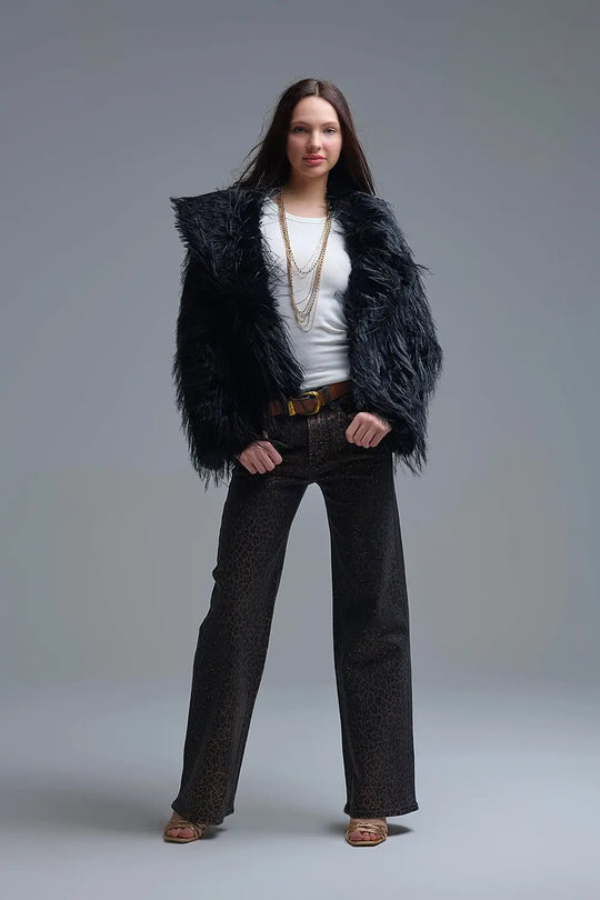 Black Statement Faux Fur Jacket with Big Collar - BLACK / ONE - Jackets