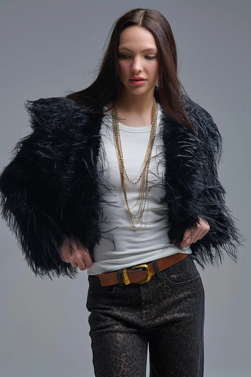 Black Statement Faux Fur Jacket with Big Collar - BLACK / ONE - Jackets