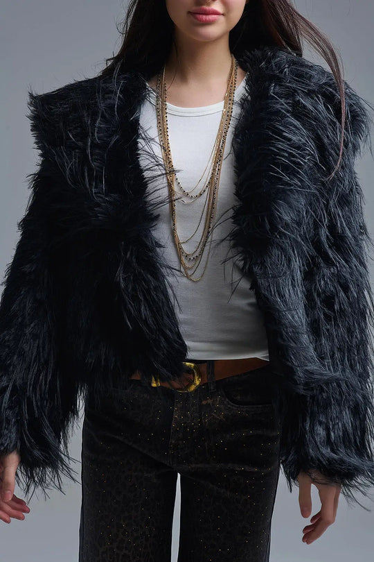 Black Statement Faux Fur Jacket with Big Collar - BLACK / ONE - Jackets