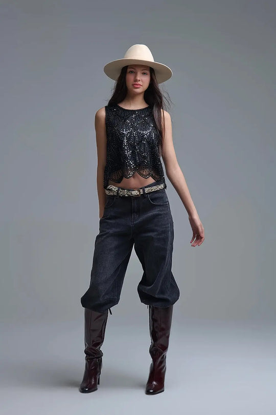Chic Black Sequin Cropped Top - Tops