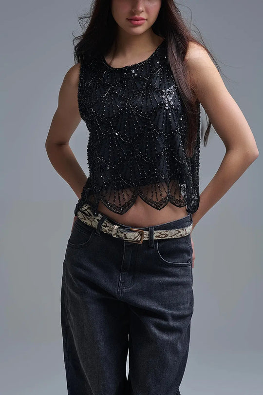 Chic Black Sequin Cropped Top - Tops