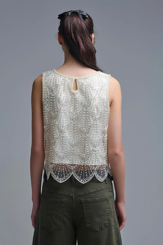 Chic Cream Sequin Cropped Top - Tops