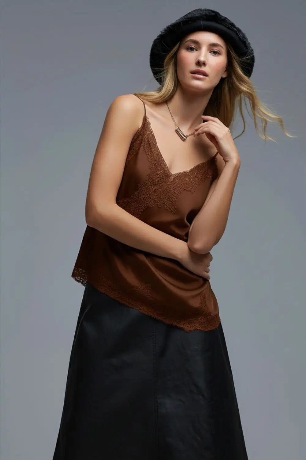 asymmetrical Satin Top in brown with Laced Design - Tops