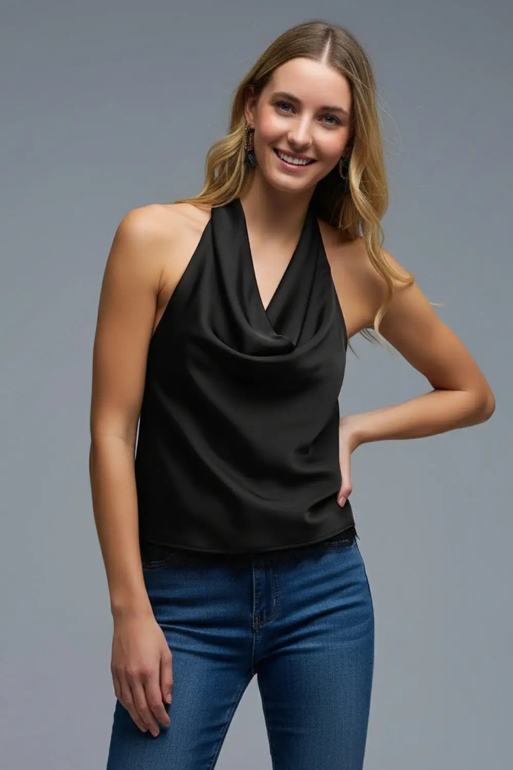 Black Satin Halter Top with Draped Neckline - Tops