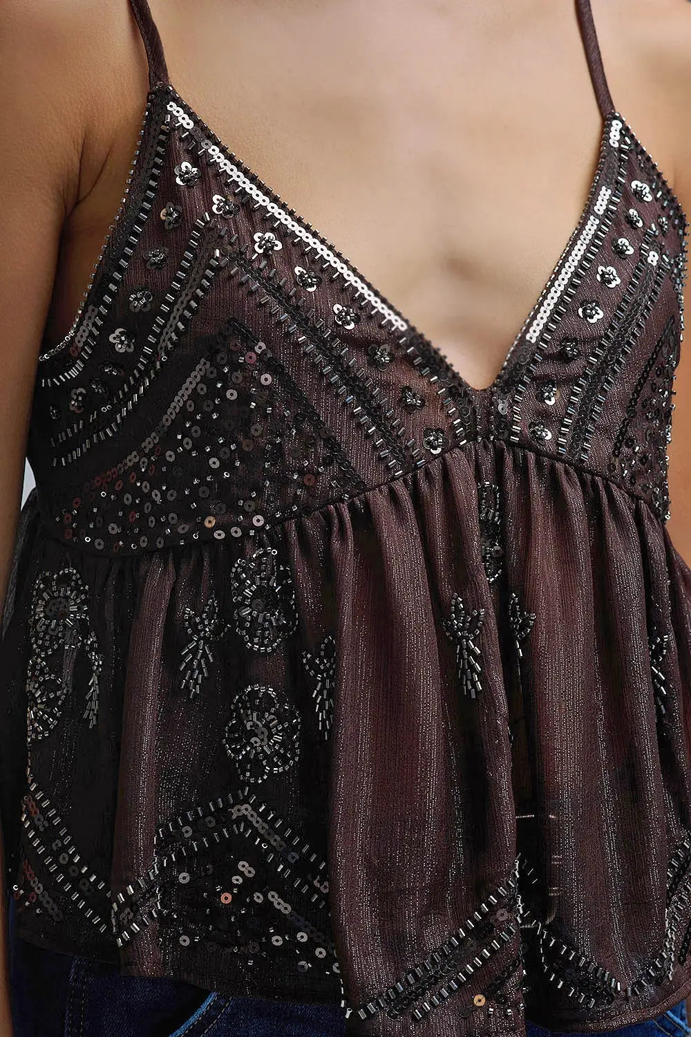 Sequin Camisole Top in brown with Floral Detail embellished - Tops
