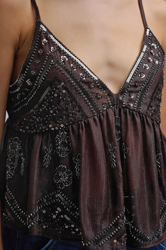 Sequin Camisole Top in brown with Floral Detail embellished - Tops