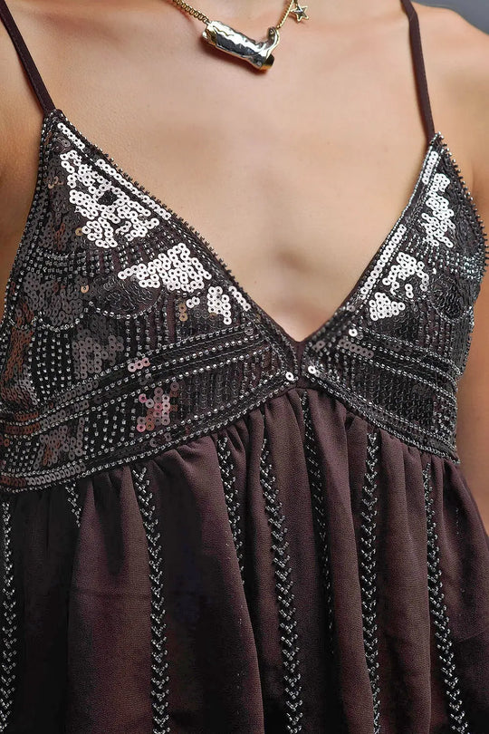 Embellished Sequin Camisole Top in brown - Tops
