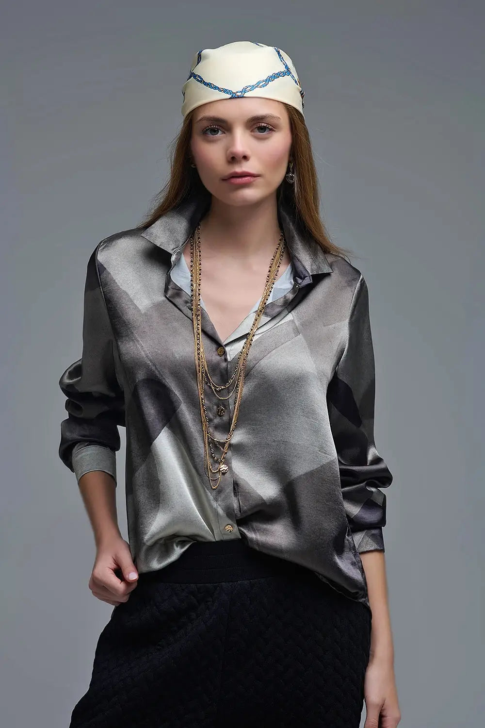 gray satin shirt with geometric print - Shirts