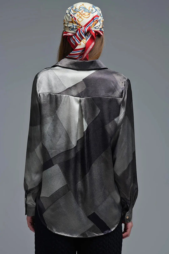 gray satin shirt with geometric print - Shirts