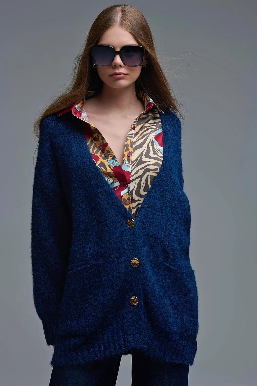 Oversized Cardigan in Navy with gold buttons and pockets - NAVY / ONE - Cardigans