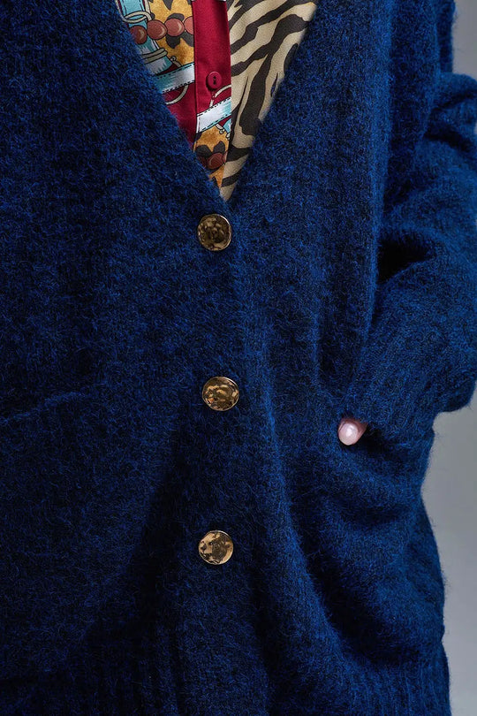 Oversized Cardigan in Navy with gold buttons and pockets - NAVY / ONE - Cardigans