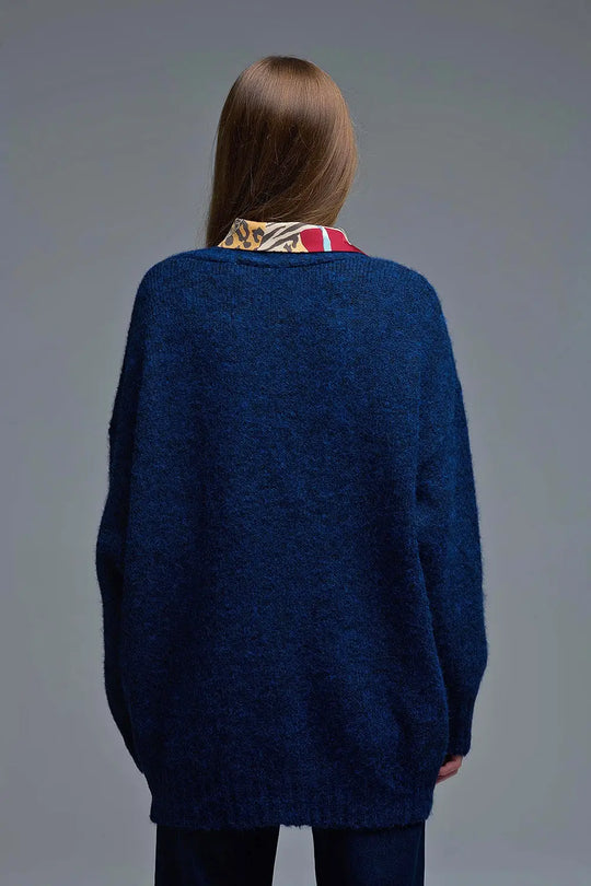 Oversized Cardigan in Navy with gold buttons and pockets - NAVY / ONE - Cardigans