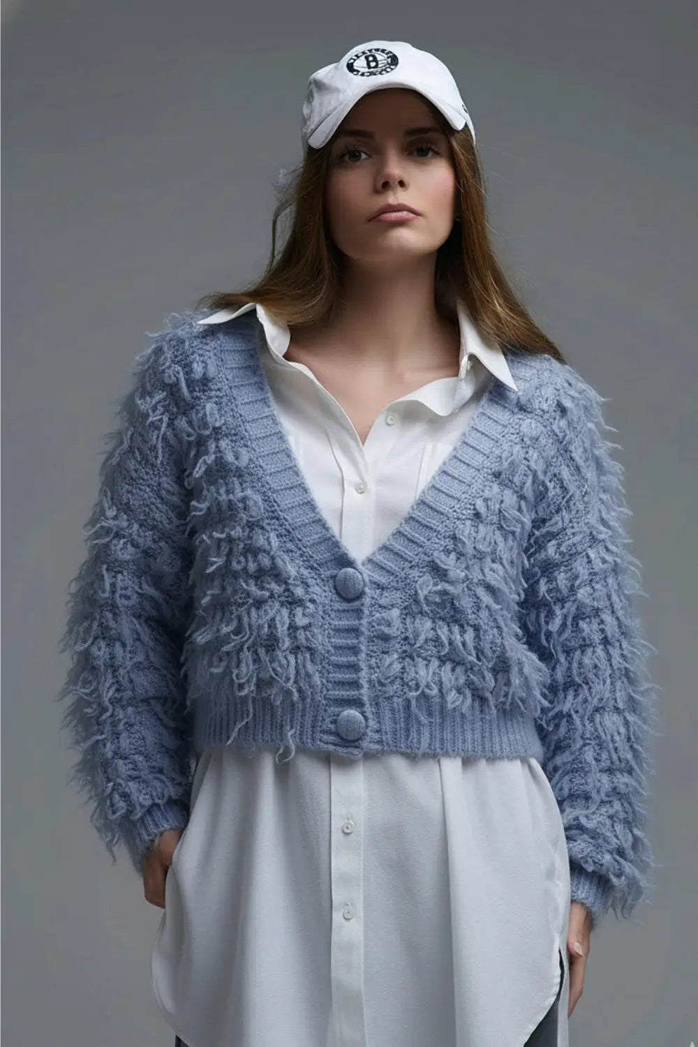 Soft knit cardigan in a chunky shag style in blue - BLUE / ONE - Jackets