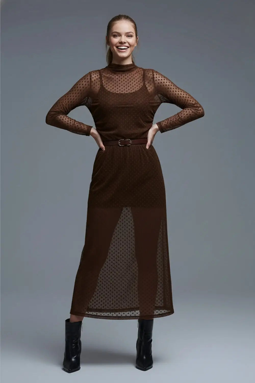 Brown Polka Dot Maxi Dress in sheer fabric - Dresses