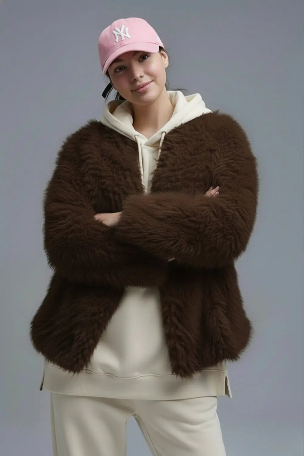Chic brown Faux Fur Jacket with a wide neck - Jackets