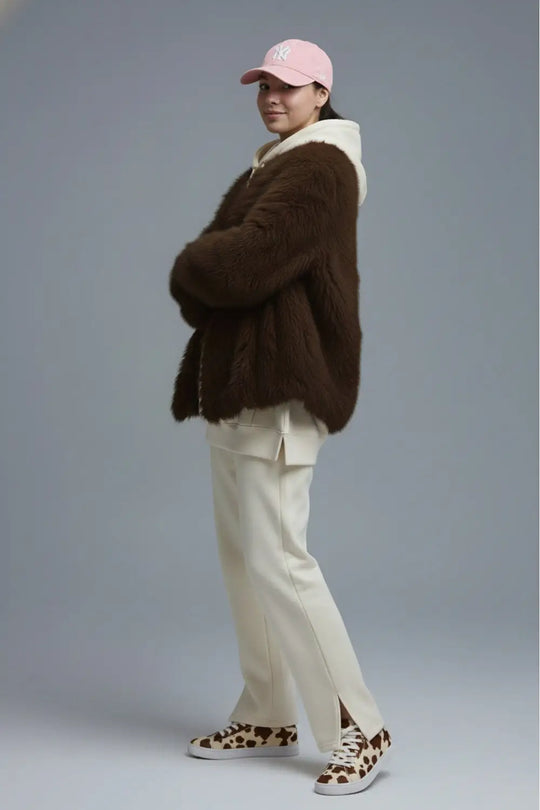 Chic brown Faux Fur Jacket with a wide neck - Jackets