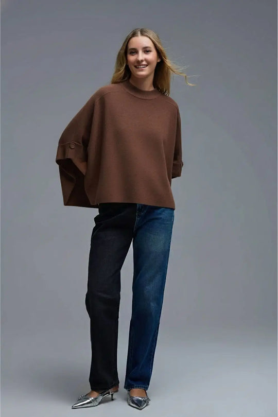 Brown Knitted Sweater with Button Details - BROWN / ONE - Sweaters