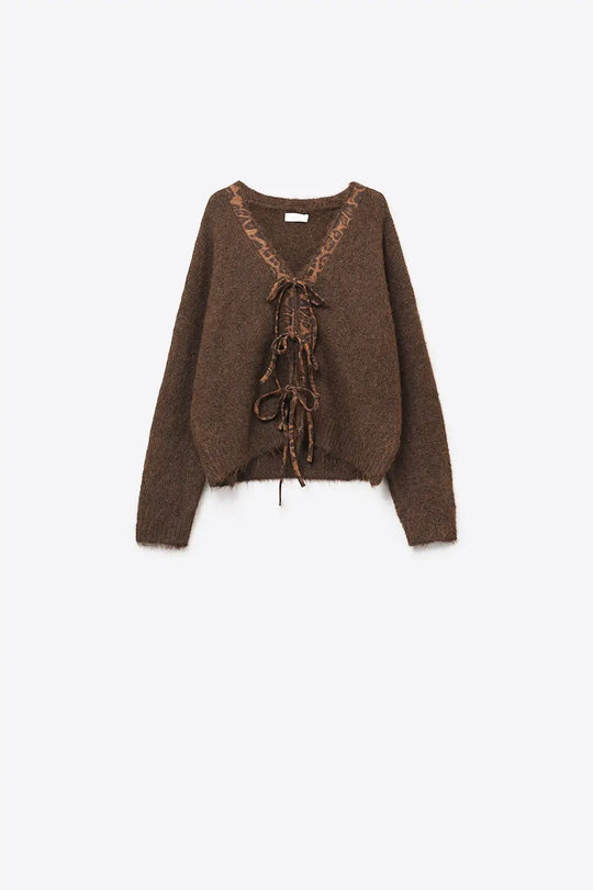 Brown knitted cardigan with leopard embroidered detail - BROWN / ONE - Cardigans