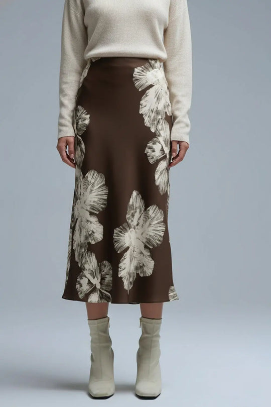 Brown Floral Satin Midi Skirt in satin - Skirts