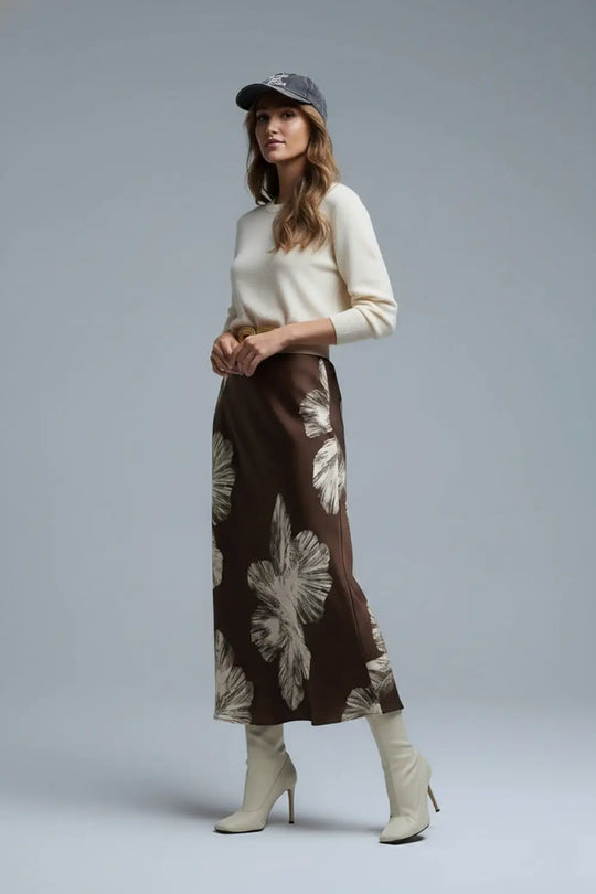 Brown Floral Satin Midi Skirt in satin - Skirts