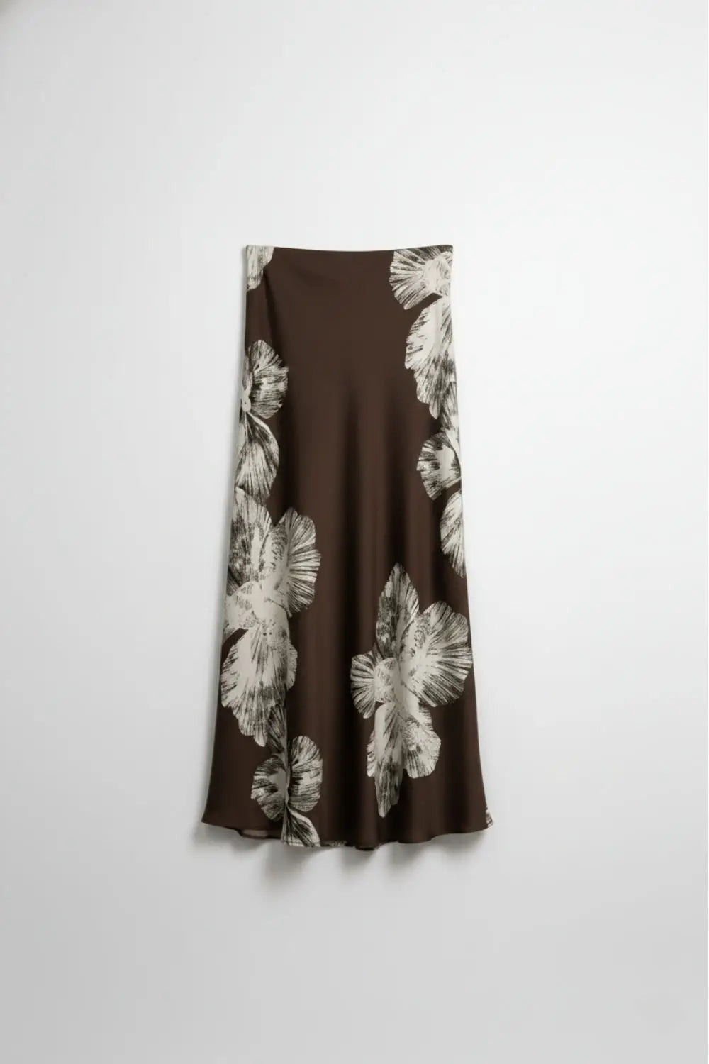 Brown Floral Satin Midi Skirt in satin - Skirts