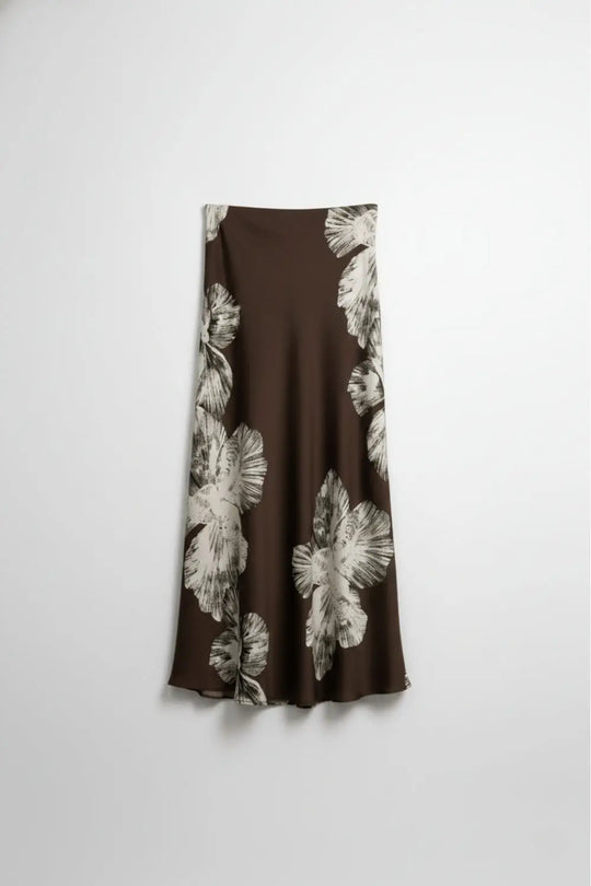 Brown Floral Satin Midi Skirt in satin - Skirts