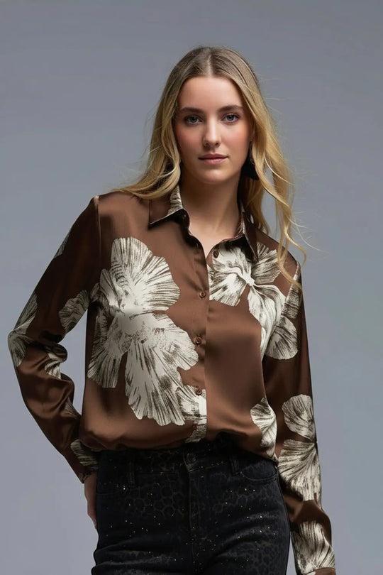 Brown Floral Button-Up Blouse in Satin fabric - Shirts