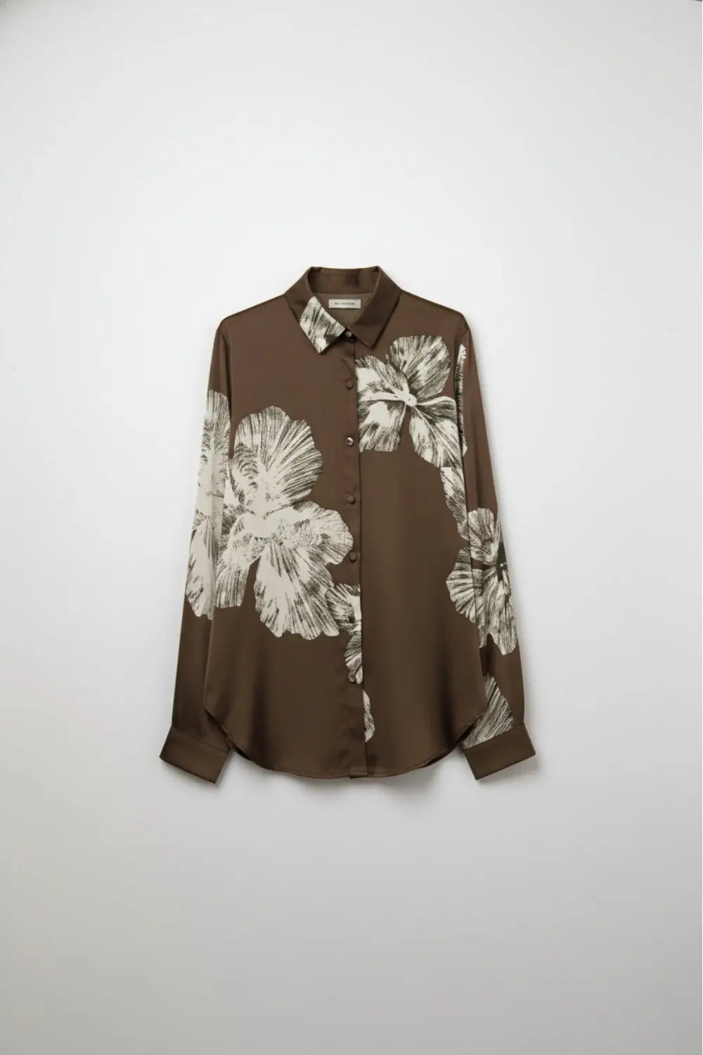 Brown Floral Button-Up Blouse in Satin fabric - Shirts