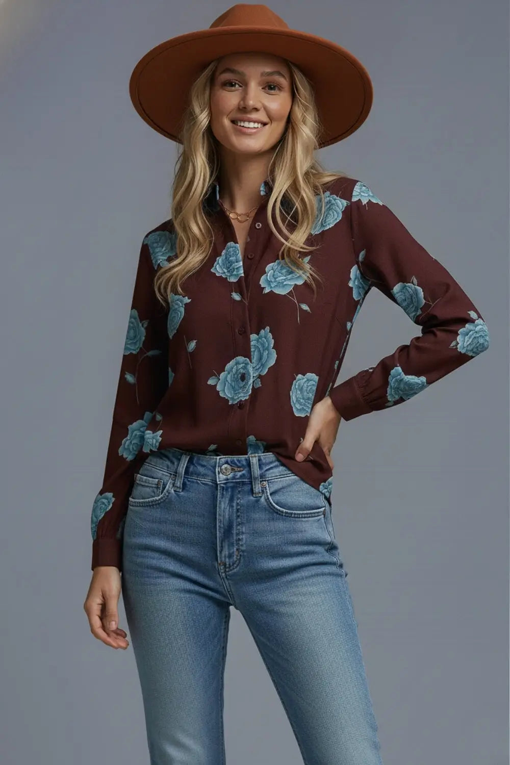 Brown Button-Up Shirt with Light Blue Floral Print in satin - Shirts