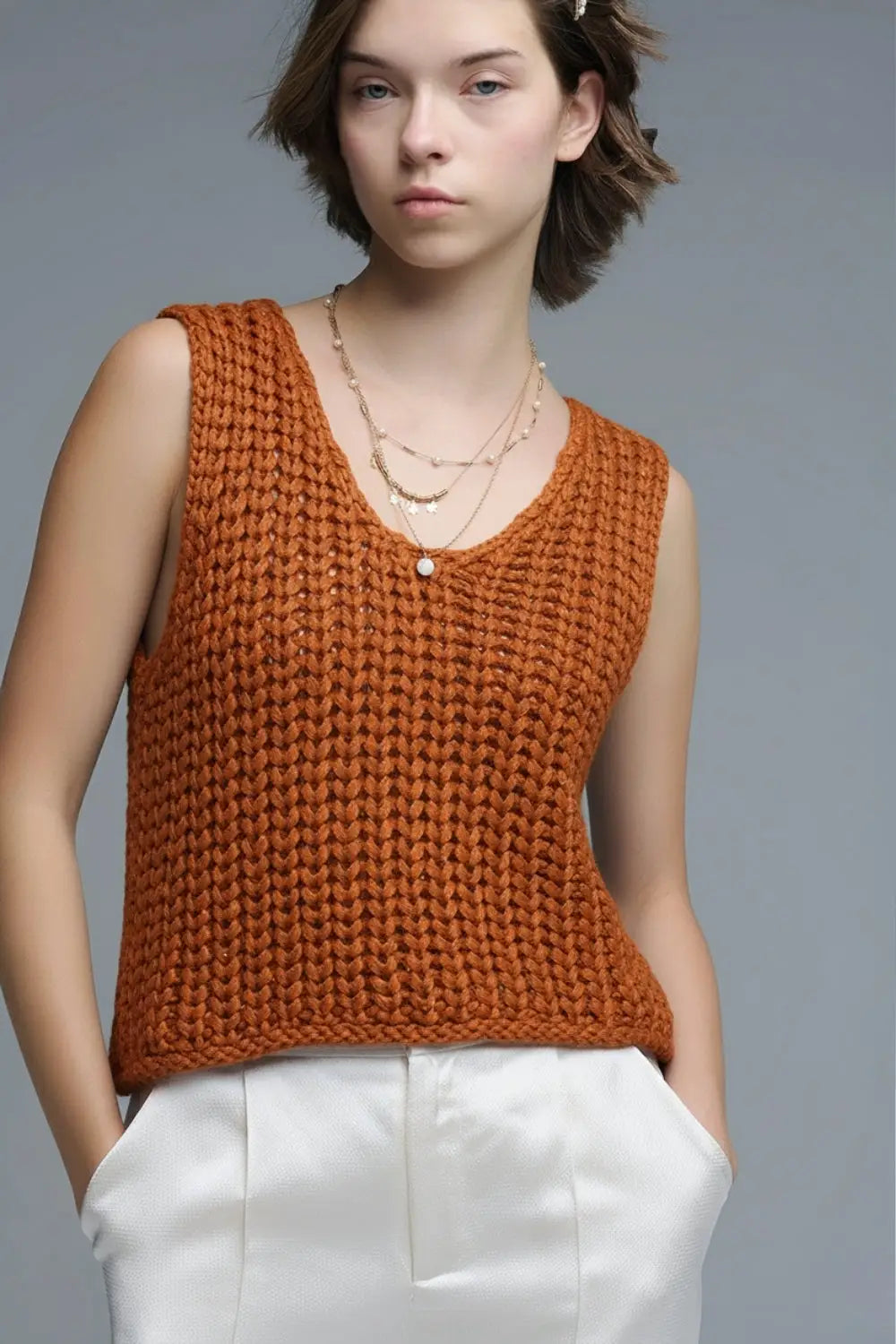 Crochet Cropped Vest in orange With sequins Thread - ORANGE / ONE - Sweaters