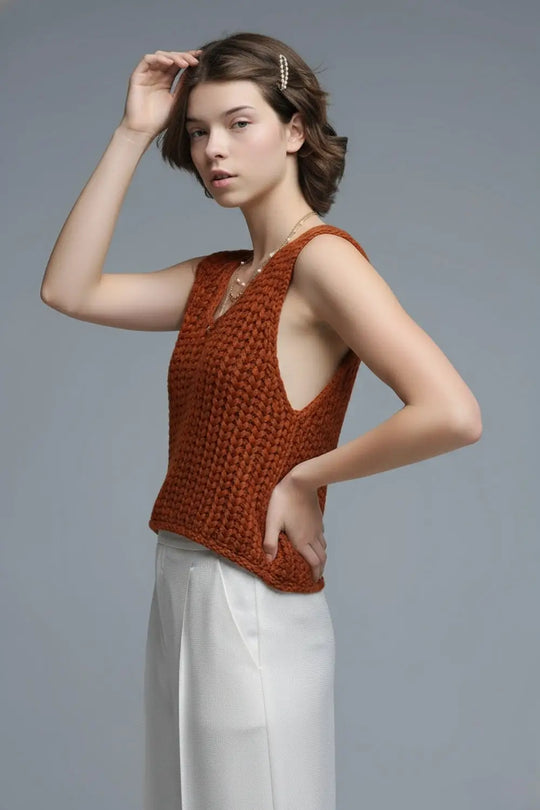 Crochet Cropped Vest in orange With sequins Thread - ORANGE / ONE - Sweaters