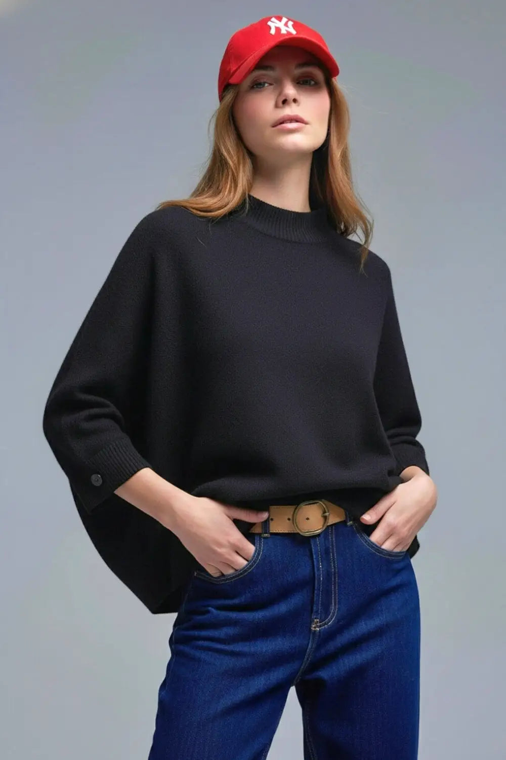Black Knitted Sweater with sleeves Button Details - BLACK / ONE - Sweaters