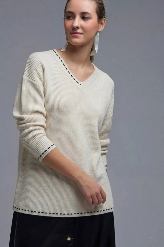 V neck sweater with black embroidered detail - CREAM / ONE - Sweaters