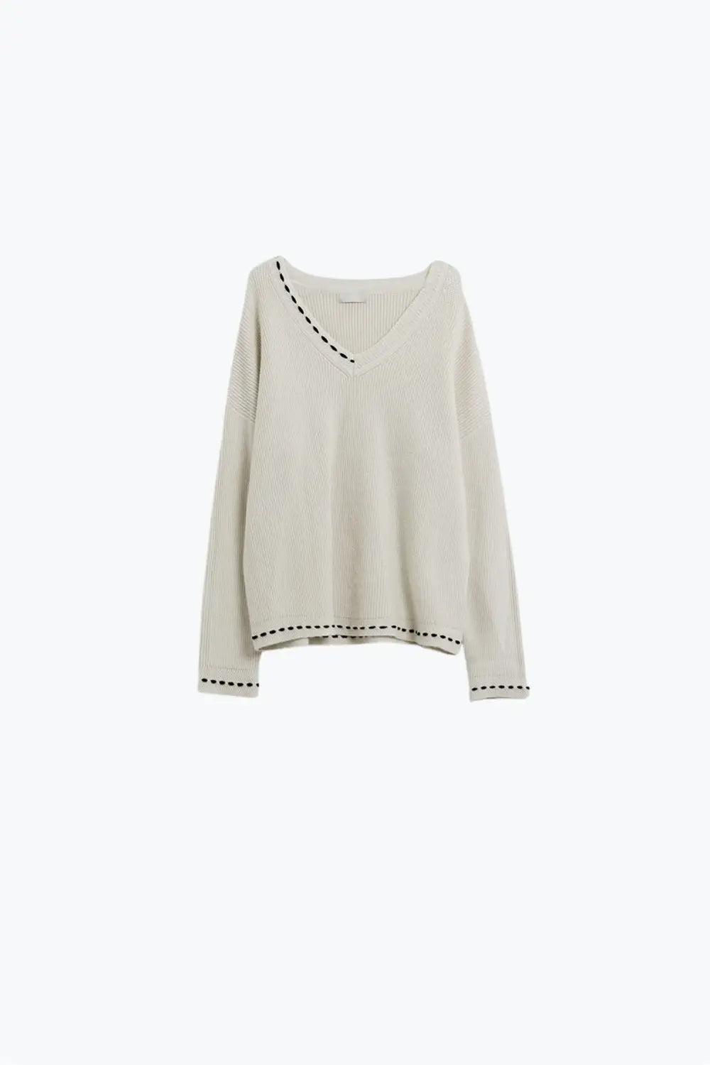 V neck sweater with black embroidered detail - CREAM / ONE - Sweaters
