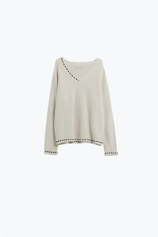V neck sweater with black embroidered detail - CREAM / ONE - Sweaters