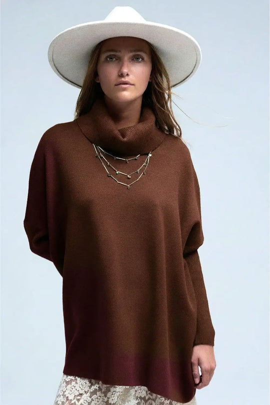 High Neck Tunic Sweater in brown with fitted sleeves - BROWN / ONE - Sweaters