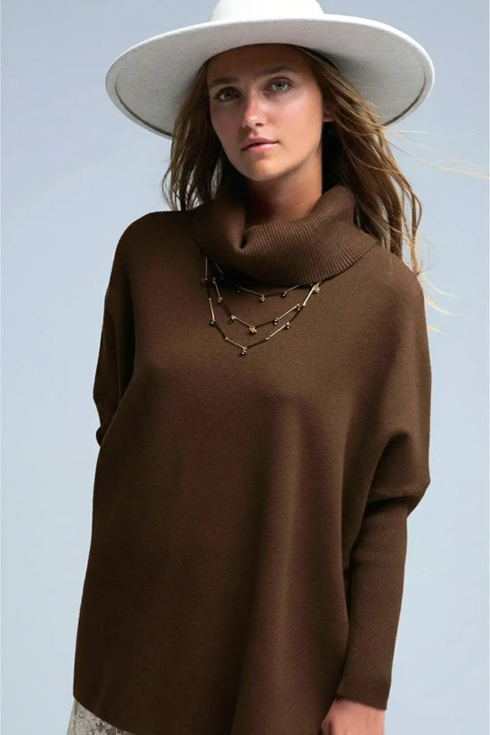 High Neck Tunic Sweater in brown with fitted sleeves - BROWN / ONE - Sweaters