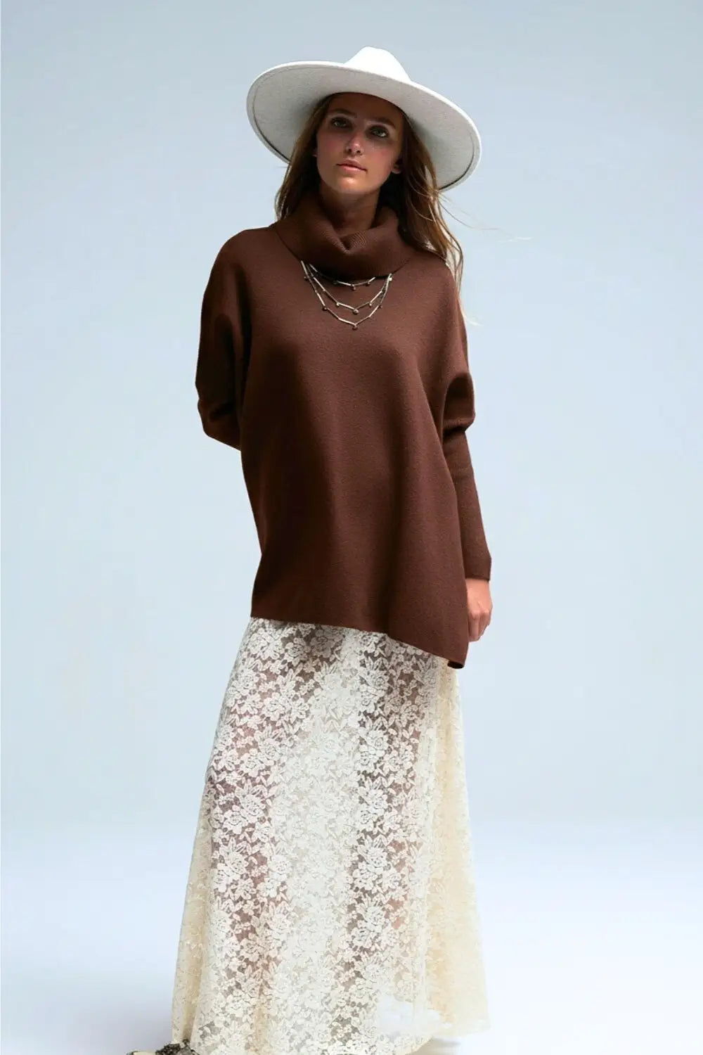 High Neck Tunic Sweater in brown with fitted sleeves - BROWN / ONE - Sweaters