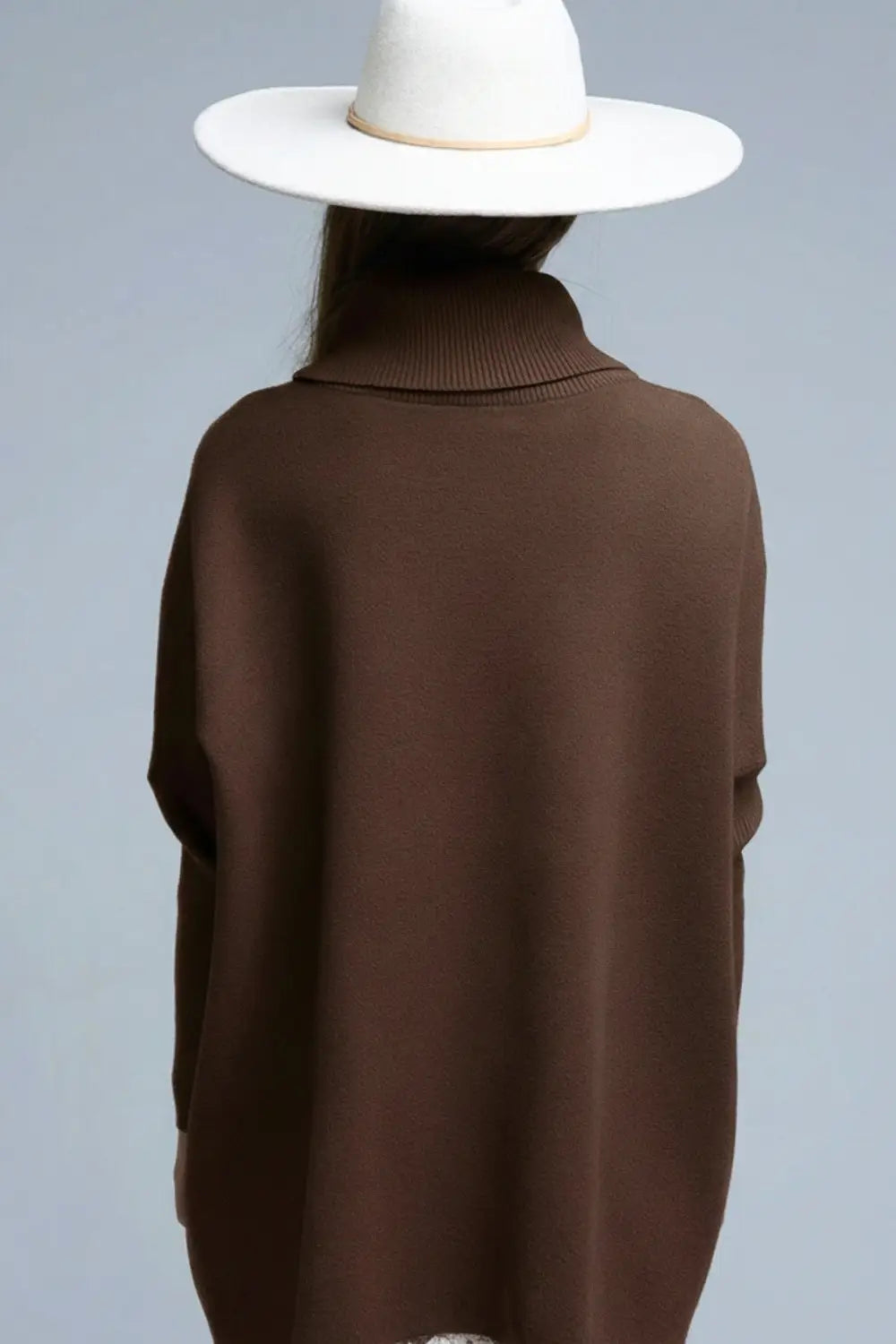 High Neck Tunic Sweater in brown with fitted sleeves - BROWN / ONE - Sweaters